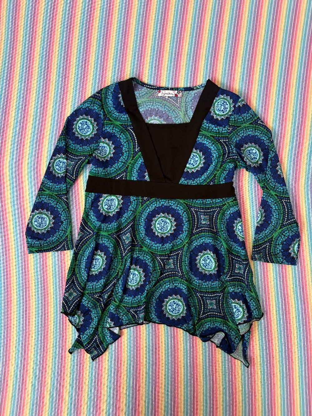 Y2K Brand Speechless Blue, Green, & Black Empire Style Tunic Top with Back Tie